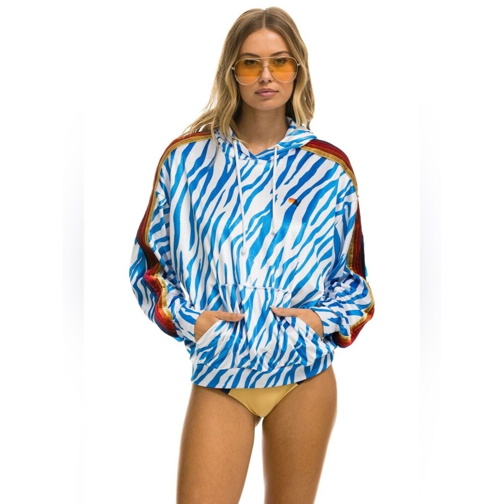 Aviator Nation CLASSIC VELVET RELAXED PULLOVER HOODIE - BLUE TIGER Size Medium